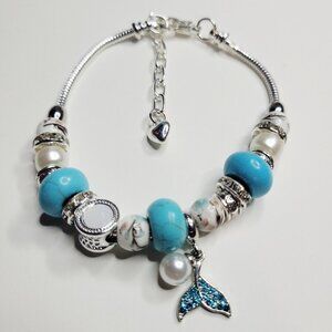 NWT Pandora Style Charm Bracelet Glitter Mermaids Tail Ceramic Beads Premium M/L